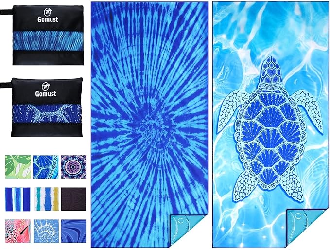 2 Pack Lightweight Thin Beach Towel Oversized 71"x32" Big Extra Large Microfiber Sand Free Towels for Adult Quick Dry Travel Camping Beach Accessories Vacation Essential Gift Blue Tie Dye Turtle