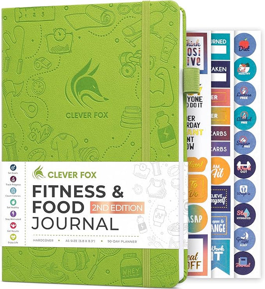 Clever Fox Fitness & Food Journal – Nutrition & Workout Planner for Women & Men – Diet & Gym Exercise Log Book with Calendars, Diet & Training Trackers - Undated, A5 Size, Hardcover (Apple Green)