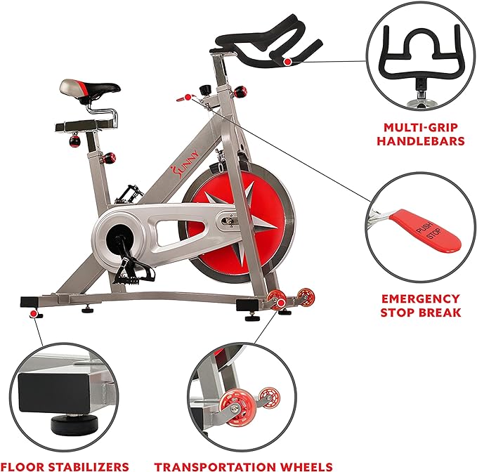 Sunny Health & Fitness Pro Cycling Stationary Bike, 40 LB Flywheel & 4-Way Adjustable Seat for Home Exercise & Indoor Cycle/Cardio Workout, Optional Exclusive SunnyFit App Enhanced Bluetooth Link