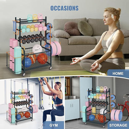 Weight Rack for Dumbbells, Yoga Mat Storage Rack Home Gym Equipment Storage Rack Cart for Dumbbells Kettlebells Yoga Mat, All in One Workout Equipment Storage Organizer Cart with Wheels and Hooks