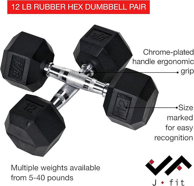 JFIT Rubber Hex Dumbbell - 15 Size, Single and Pair Options, 4-50lbs - Shaped Heads Prevent Rolling and Injury - Ergonomic Hand Weights for Exercise, Therapy, Muscle, Strength and Weight Training