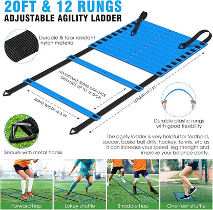 Agility Ladder Speed Training Equipment Set-20ft Agility Ladder,12 Soccer Cones,4 Hurdles, Jump Rope, Running Parachute| Basketball Football Soccer Training Equipment for Kids Youth Adults