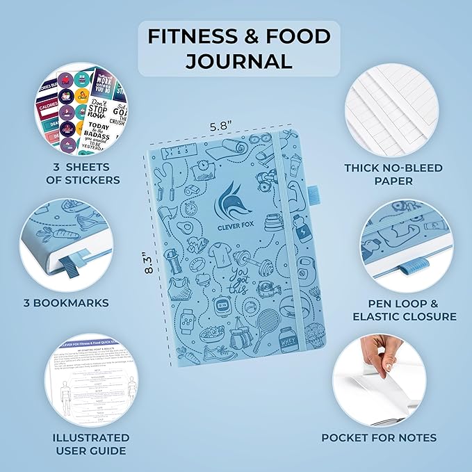 Clever Fox Fitness & Food Journal – Nutrition & Workout Planner for Women & Men – Diet & Gym Exercise Log Book with Calendars, Diet & Training Trackers - Undated, A5 Size, Hardcover (Light Blue)