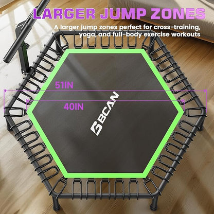 BCAN 48"/51" Mini Trampoline, 450/550 LBS Fitness Trampoline with T-Adjustable Handle Bar, Bungees, Stable & Quiet Exercise Rebounder for Adults Indoor/Garden Workout-Green