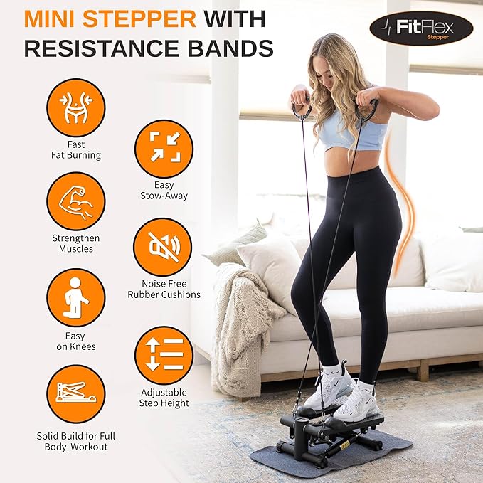 Mini Stepper with Resistance Bands & Wrist Trainer - Portable Exerciser with LCD Display for Home & Office, Smooth, Quiet 330 LB Full Body Workout, Floor-Protecting Mat & Extras, ISO Certified!