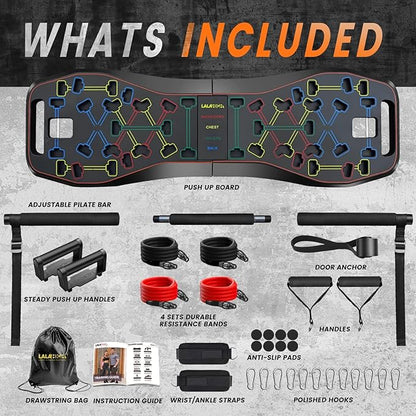 LALAHIGH Home Workout Equiptment: Portable Exercise Push Up Board, Strength Training Sets with Pilate Bar & 20 Fitness Accessories with Resistanve Bands & Ab Roller Wheel - Full Body Workout