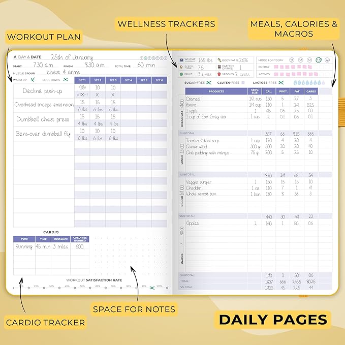 Clever Fox Fitness & Food Journal – Nutrition & Workout Planner for Women & Men – Diet & Gym Exercise Log Book with Calendars, Diet & Training Trackers - Undated, A5 Size, Hardcover (Amber Yellow)