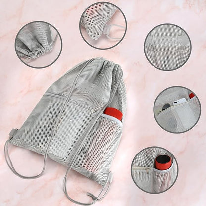 NATURAL STYLE 2 PACK Mesh Drawstring Backpack Bag, Multifunction Mesh Bag for Swimming, Athletic Gym, Clothes, Beach, Swim (Grey)