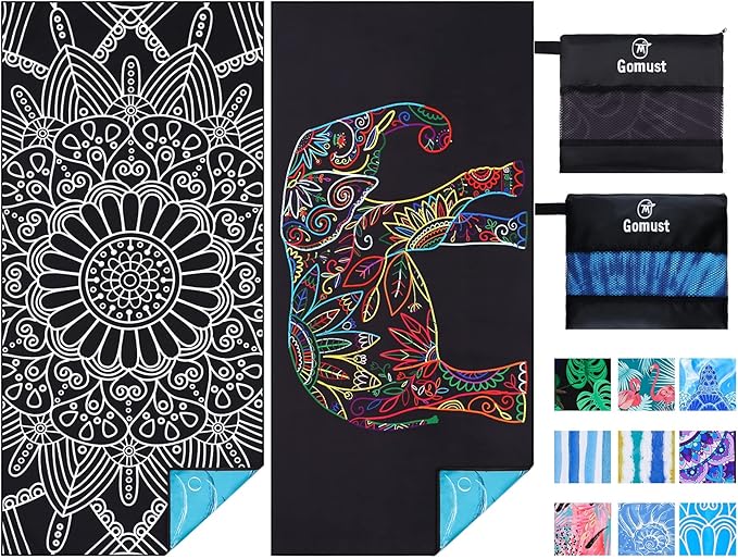 2 Pack Lightweight Thin Beach Towel Oversized 71"x32" Big Extra Large Microfiber Sand Free Towels for Adult Quick Dry Travel Camping Beach Accessories Vacation Essential Gift Black Mandala Elephant