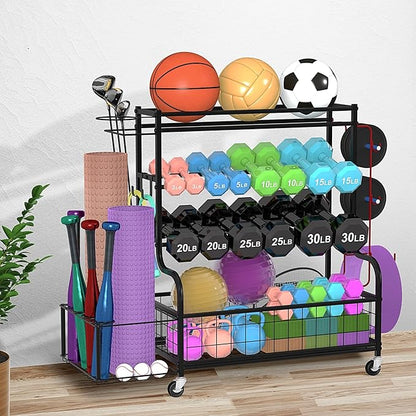 Dumbbell Rack with Weights, Yoga Mat Storage Racks, Home Gym Storage Rack for Yoga Mat Kettlebells and Strength Training Equipment, Weight Storage Holder Rack for Dumbbells with Hooks and