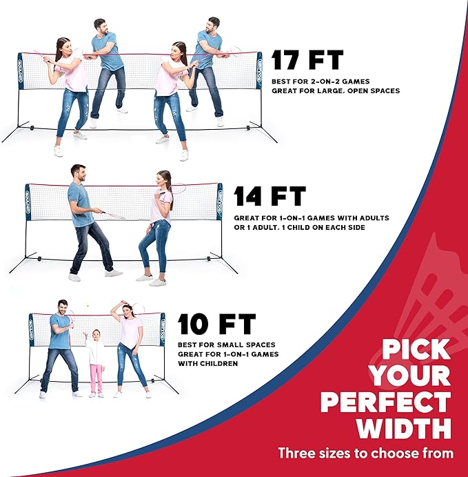 Boulder Badminton Pickleball Net - Adjustable Portable Net for Junior Tennis, Kids Volleyball & Soccer, and Backyard Games - Easy Setup Nylon Sports Net with Poles 10 ft/14ft/17ft/22ft Wide