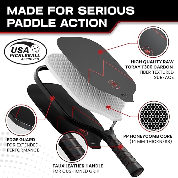 Premium Carbon Fiber Pickleball Paddle- 14mm Pickleball Paddles Set of 2 w/Unique Design Handles & Indoor Outdoor Pickleball Balls - Comfortable Pickleball Paddle Grip, USA Approved