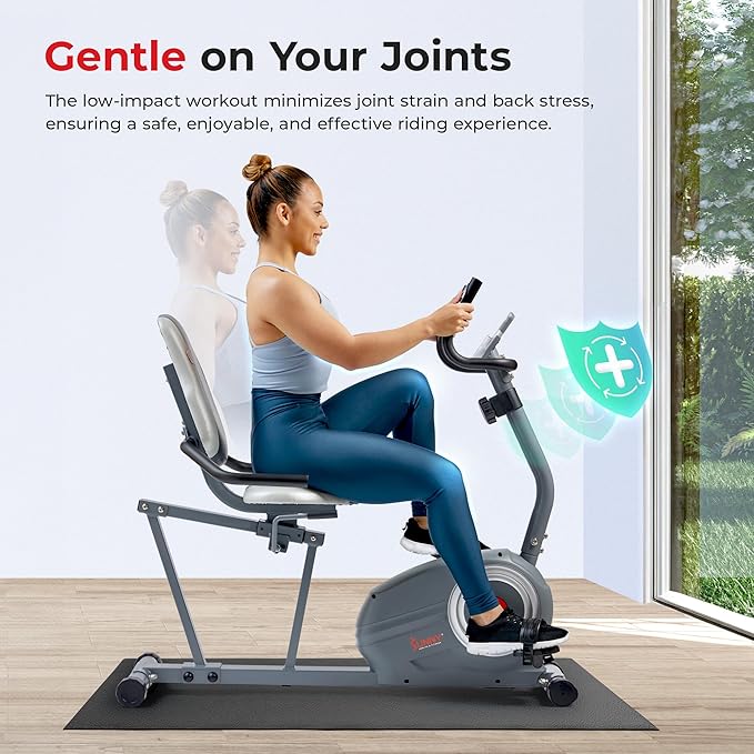 Sunny Health & Fitness Magnetic Recumbent Bike w/Adjustable Wide Cushion Seat, Home Stationary Exercise Machine for Adult/Seniors, Optional Arm Exerciser & Exclusive SunnyFit App Bluetooth Connection