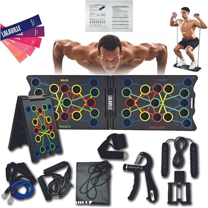 LALAVILLE Push Up Board Fitness 2024, Portable Foldable 34 in 1 Push Up Bar at Home Gym, 2x Pushup Handles, 2x Resistance Bands, 1x Jump Rope, 1x Wrist Strengthener, 1x Bag, 5x Yoga Resistance Bands, Professional Equipment for Men and Women