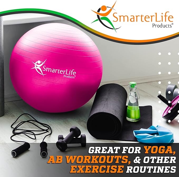 SmarterLife Workout Exercise Ball for Fitness, Yoga, Balance, Stability, or Birthing, Great as Yoga Ball Chair for Office or Exercise Gym Equipment for Home, Premium Non-Slip Design