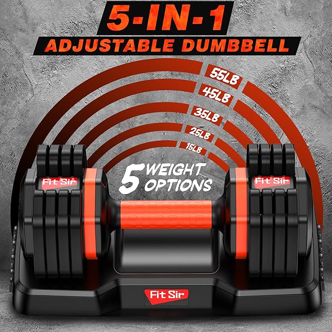 Single Adjustable Dumbbell 55LB, Fit Sir Weights Dumbbells Set 15~55lb Increment with Tray and Anti-Slip Handle for Men Women Full Body Workout Exercise & Fitness Strength Training Home Gym