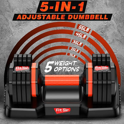 Single Adjustable Dumbbell 55LB, Fit Sir Weights Dumbbells Set 15~55lb Increment with Tray and Anti-Slip Handle for Men Women Full Body Workout Exercise & Fitness Strength Training Home Gym