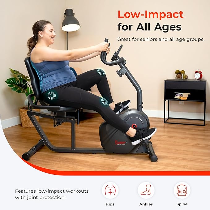 Sunny Health & Fitness Magnetic Recumbent Bike w/ 300LB Weight Capacity & Adjustable Wide Cushioned Seat, Home Exercise Machine for Adult/Seniors, Optional Bluetooth Connect to Exclusive SunnyFit App