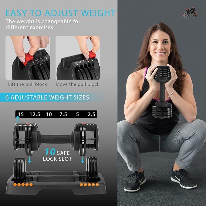 VIVOHOME 2.5 lbs to 15 lbs Adjustable Weights Dumbbells Set of 2 with Anti-Slip Handle and Tray Multiweight Options Workout Equipment for Men Women Home Gym Office Black