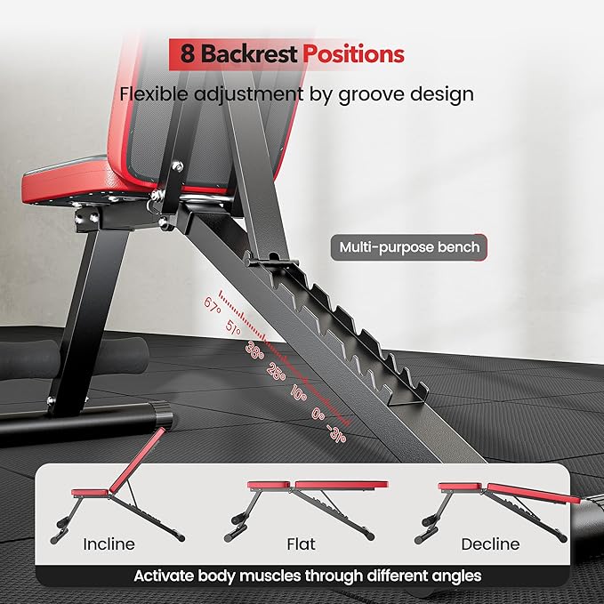 Basic Weight Bench for Home Gym, Foldable Workout Bench with 8 Backrests, 660LBS Weight Capacity Adjustable Bench