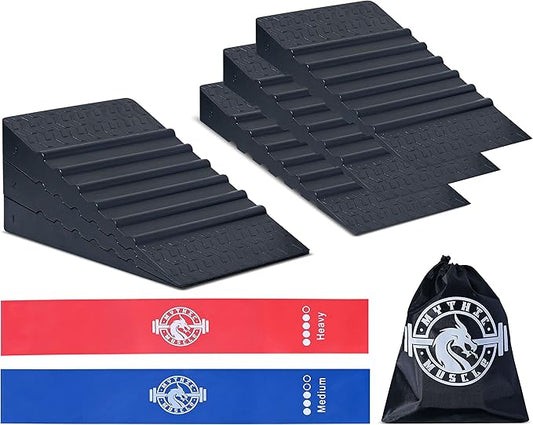 Slant Board for Squats - 6-Piece Adjustable Stackable Rubber Wedge Blocks for Squats & Balance Training, Non-Slip, Durable, 1200 lbs Capacity - Includes 2 Resistance Bands & Storage Bag