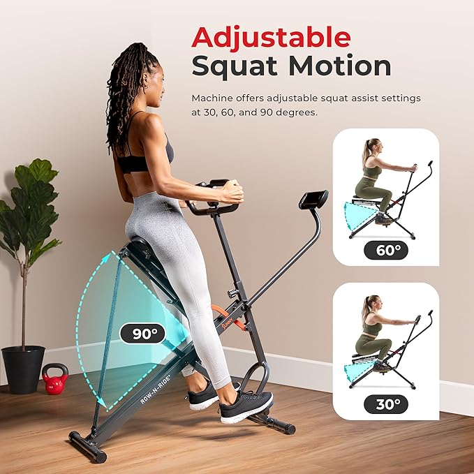 Sunny Health & Fitness Row-N-Ride Squat Assist Trainer for Glutes & Legs Workout with Adjustable Resistance, Optional Full Motion & Smart Connected Fitness App