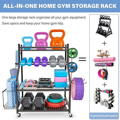 Dumbbell Rack, Yoga Mat Storage Rack - Weight Rack for Dumbbells, Home Gym Storage Rack for Yoga Mat, Dumbbells and Kettlebells, All in One Workout Equipment Storage with Caster Wheels