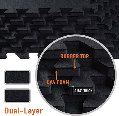 0.56in Thick 24 Sq Ft Exercise Equipment Mats, 6 Tiles Upgraded Rubber Top with High Density EVA Foam, Large Interlocking Puzzle Gym Flooring for Home Gym, Heavy Weight Workout,Black