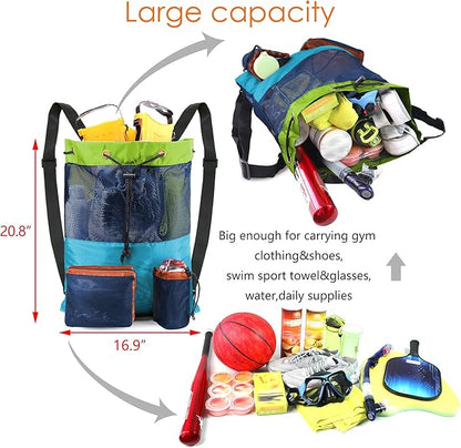 BeeGreen Gym Bags for Men Women Mesh Drawstring Backpack for Swim Sports Workout Gear Gifts for Swimmers Beach Pool Wrestling Backpack Cinch Bag With 3 Pockets Green Blue