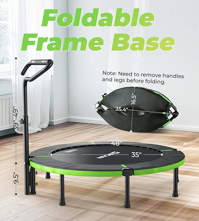 BCAN 40"/48" Foldable Mini Trampoline, Rebounder Trampoline for Adults, U/T Shape Adjustable Foam Handle, Exercise Rebounder for Kids Adults Indoor/Garden Workout, Max Load 330lbs/440lbs