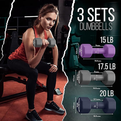 Neoprene Workout Dumbbell Set - Non Slip, Anti Roll Exercise & Fitness Dumbbells Combo - Hex Shaped Hand weights for Men & Women - Ideal for Home Gyms training