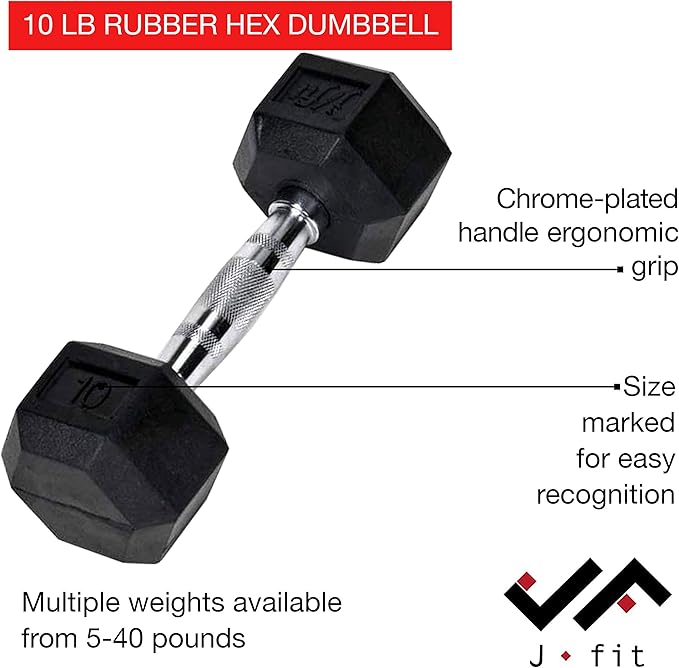 JFIT Rubber Hex Dumbbell - 15 Size, Single and Pair Options, 4-50lbs - Shaped Heads Prevent Rolling and Injury - Ergonomic Hand Weights for Exercise, Therapy, Muscle, Strength and Weight Training