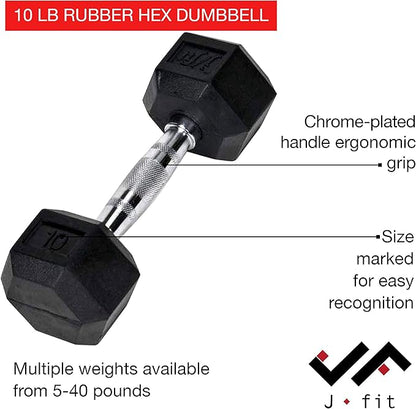 JFIT Rubber Hex Dumbbell - 15 Size, Single and Pair Options, 4-50lbs - Shaped Heads Prevent Rolling and Injury - Ergonomic Hand Weights for Exercise, Therapy, Muscle, Strength and Weight Training