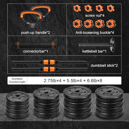 EDOSTORY Adjustable Dumbbell Set, 22/44/66/88lbs Free Weights Dumbbells for Home Gym, 4 in 1 Set, Barbell Set, Dumbbell Set, Kettlebell Set and Push-ups, Non-slip Handles, Fitness for Men Women