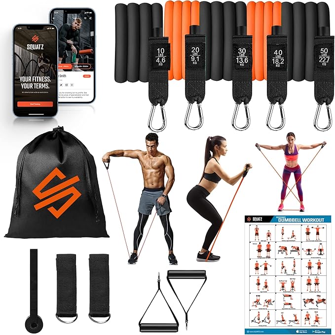 SQUATZ Resistance Bands with 5 Fitness Workout Bands, Adjustable Tension Exercise Bands with Door Anchor, Handles, Carry Bag, Ankle Straps for Resistance Training, Physical Therapy, and Home Workouts