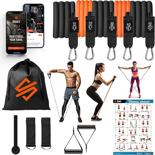 SQUATZ Resistance Bands with 5 Fitness Workout Bands, Adjustable Tension Exercise Bands with Door Anchor, Handles, Carry Bag, Ankle Straps for Resistance Training, Physical Therapy, and Home Workouts