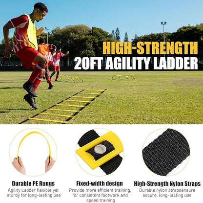 Agility Speed Training Equipment Set - 20ft Speed Ladder 12 Cones, 4 Adjustable 3 Resistance