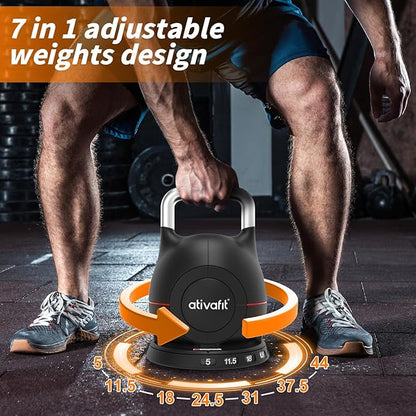 Ativafit 7 in 1 Adjustable Kettlebell 5-44lbs Adjustable Kettlebell with Solid Aluminum Handle Quick Adjustment Weights With Safety Locking Systerm Space Saving Strength Training For Full Body Home Gym Workout