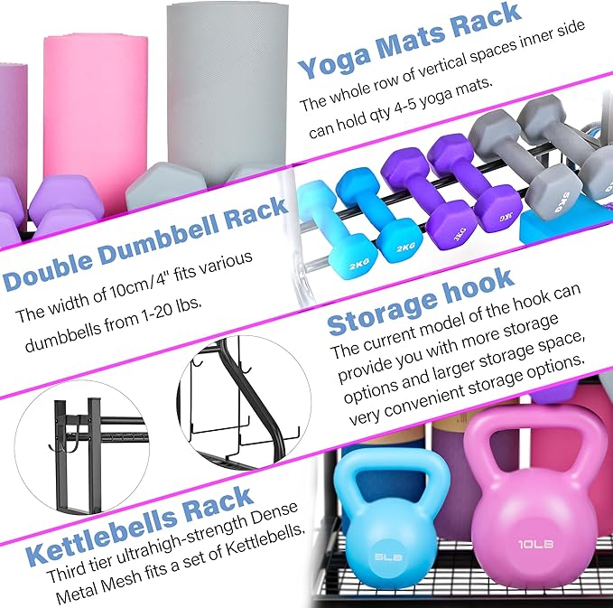 Dumbbell Rack, Yoga Mat Storage Rack - Weight Rack for Dumbbells, Home Gym Storage Rack for Yoga Mat, Dumbbells and Kettlebells, All in One Workout Equipment Storage with Caster Wheels