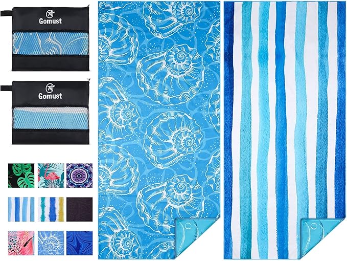 2 Pack Lightweight Thin Beach Towel Oversized 71"x32" Big Extra Large Microfiber Sand Free Towels for Adult Quick Dry Travel Camping Beach Accessories Vacation Essential Gift Blue Shell Stripe