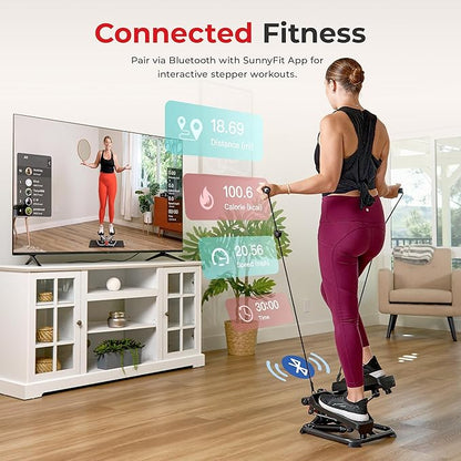 Sunny Health & Fitness Advanced Mini Steppers for Exercise at Home, Total Body Workout Stair Step Machine with Resistance Bands, Optional Smart Stepper with SunnyFit App Connection