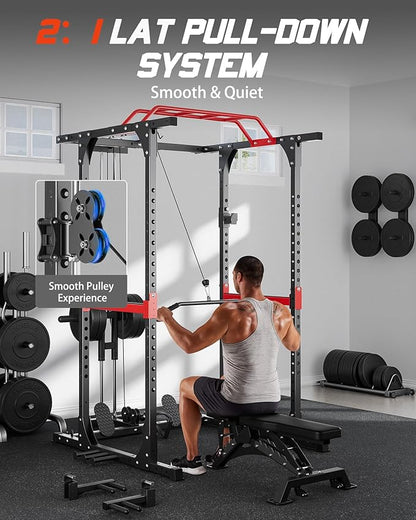 Power Cage, 1200lbs Capacity Power Rack with Adjustable Cable Crossover System, Multi-Function Squat Rack with Pulley System, Weight Cage for Home Gym with Training Attachments