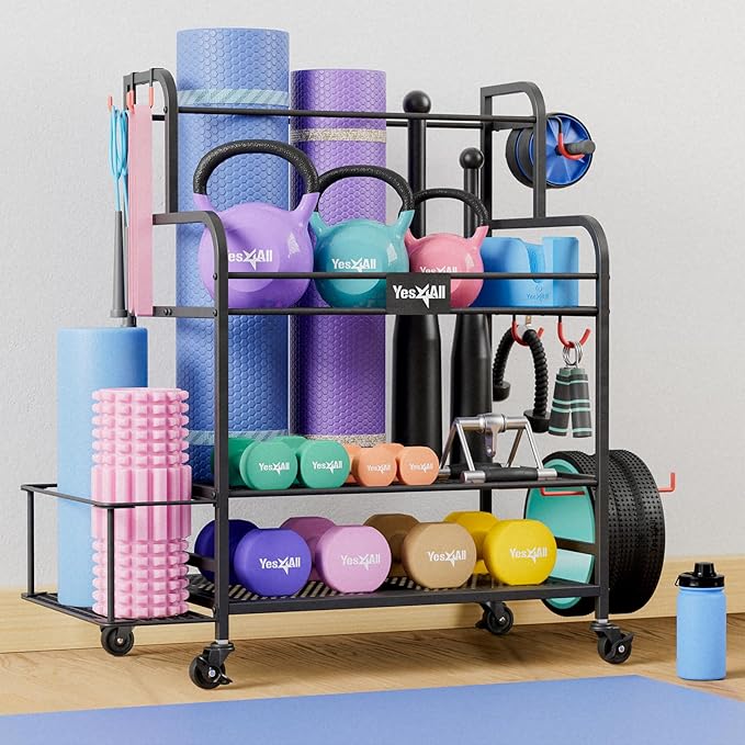 Yes4All All-in-1 Home Gym Storage Rack, Exercise Equipment Organizer - Yoga Mat, Foam Roller, Dumbbells Kettlebells and Weight Rack for Home Gym, Workout Organization Cart with Hooks and Casters