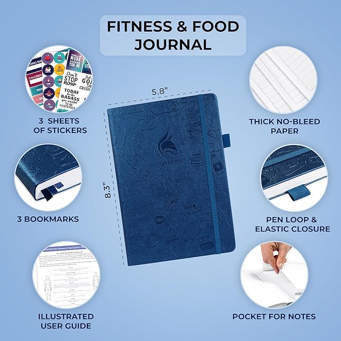 Clever Fox Fitness & Food Journal – Nutrition & Workout Planner for Women & Men – Diet & Gym Exercise Log Book with Calendars, Diet & Training Trackers - Undated, A5 Size, Hardcover (Mystic Blue)