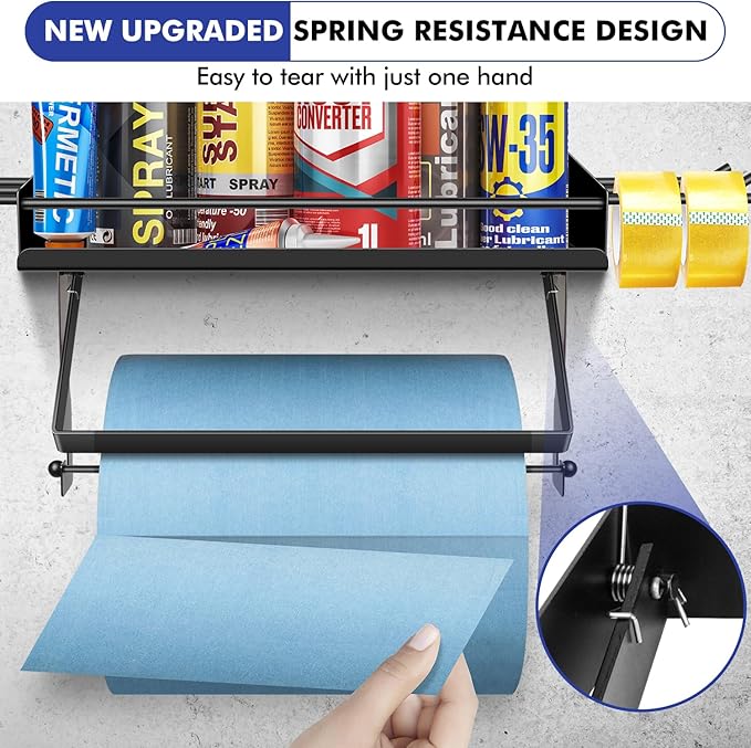 Garage Paper Towel Holder with Shelf, Premium Metal Paper Towel Holder Wall Mount with 6 Hooks, One-Hand Tear, Garage Organization and Storage, Heavy Duty Holds 50 lbs,The Perfect Quick Clean Station