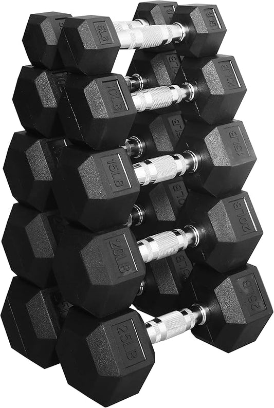 Signature Fitness Premium Rubber Coated Hex Dumbbell Weight Set, Multiple Packages