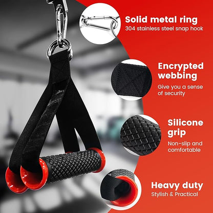 Ultra Heavy Duty Exercise Handles, Cable Handles Gym Equipment Attachment, Double D-Ring Grips, Encrypted Webbing, Red Edge Design Non-Slip Comfort Grips