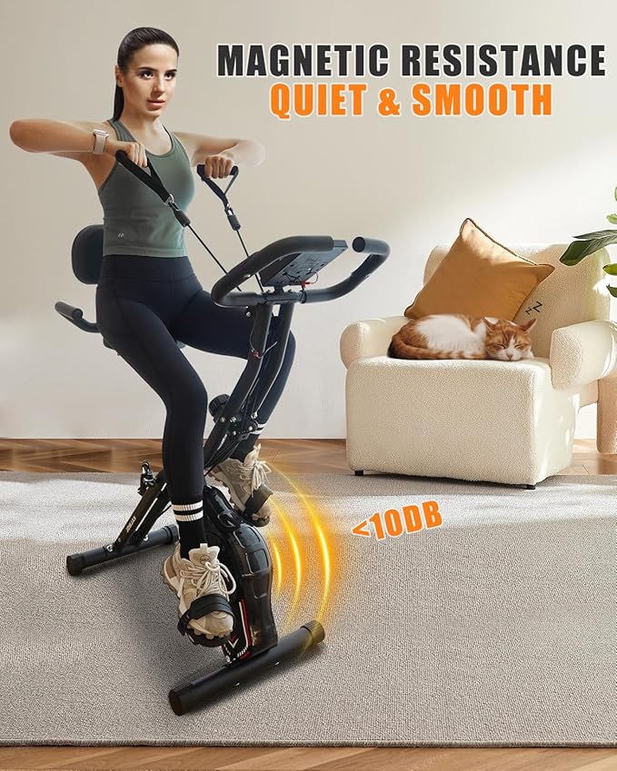 Folding Exercise Bike, 5-in-1 Foldable Stationary Bike Upgraded 16-Level Magnetic Resistance 10DB Near-Silent Bike Upright Indoor Cycling Bike with 350LB Capacity