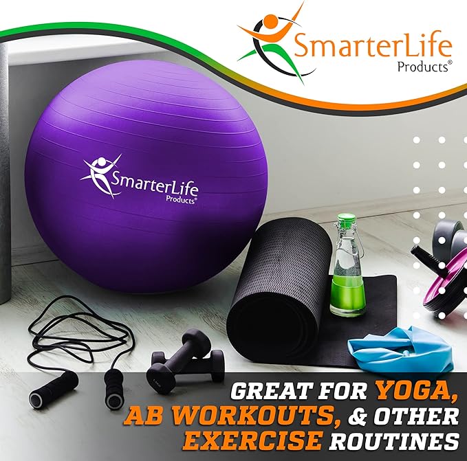 SmarterLife Workout Exercise Ball for Fitness, Yoga, Balance, Stability, or Birthing, Great as Yoga Ball Chair for Office or Exercise Gym Equipment for Home, Premium Non-Slip Design