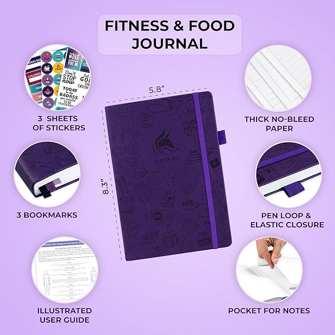 Clever Fox Fitness & Food Journal – Nutrition & Workout Planner for Women & Men – Diet & Gym Exercise Log Book with Calendars, Diet & Training Trackers - Undated, A5 Size, Hardcover (Purple)